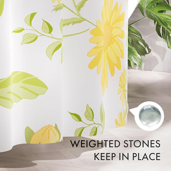 AmazerBath Floral Shower Curtain, Washable Cloth Shower Curtain Sets with 12 Shower Curtain Hooks, Fabric Rustic Yellow Gerbera Flower Eucalyptus Fall Shower Curtains for Bathroom Decor, 72x72 Inches