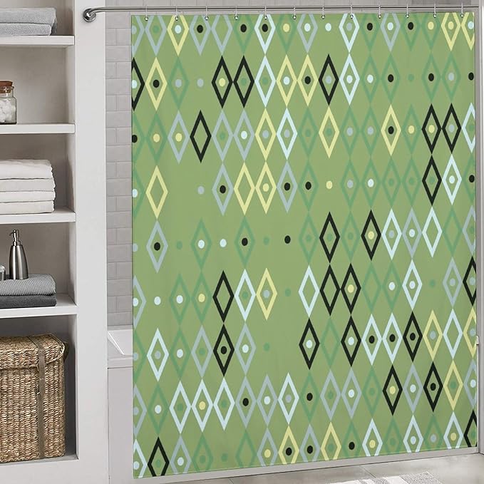 Vintage Mid Century Geometry Shower Curtains, Modern Green Diamond Pattern Thermal Insulated Privacy Washable Waterproof Fabric for Bathroom Decor Bathtub with 12 Hooks 72x72in (183x183cm)