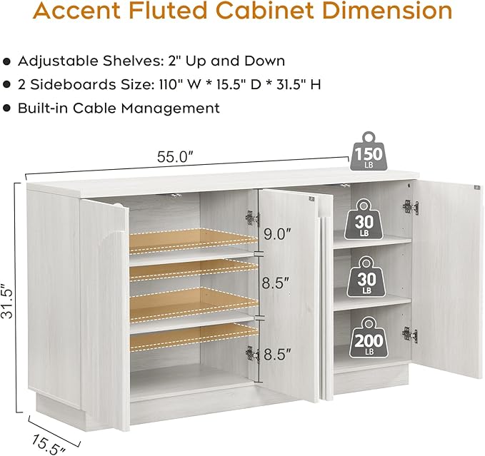 Yechen Accent Fluted Sideboard Buffet Cabinet with Arched Reeded Design Doors, Mid Century Modern Credenza Storage Cabinet with Adjustable Shelves, for Living Room Dinning Hallway, White Oak