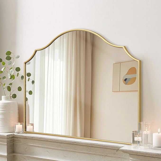 Besdomus Gold Scalloped Mirror for Dresser: 35"x26" Modern Wooden Mantel Mirror - Minimalist Decorative Wall for Vanity/Bedroom/Fireplace/Entryway - Ideal for 20-44 Age Fashion Women