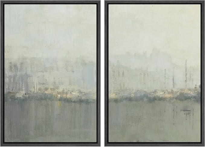 IDEA4WALL Framed Canvas Print Wall Art Set Abstract Skyline Cityscape Art in Muted Gray and Soft Blue Tones Illustrations Modern Art Decorative Coastal Cottage Seascape for Bedroom - 16"x24"x2 Black