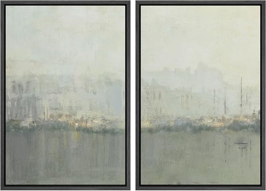 IDEA4WALL Framed Canvas Print Wall Art Set Abstract Skyline Cityscape Art in Muted Gray and Soft Blue Tones Illustrations Modern Art Decorative Coastal Cottage Seascape for Bedroom - 24"x36"x2 Black