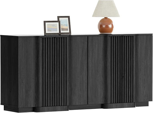 Yechen Buffet Cabinet with Storage, 59" Accent Sideboard Modern Credenza with Doors & Adjustable Shelves Fluted Media Console Wood Coffee Bar Table for Living Kitchen Dining Room Black(4 Door)