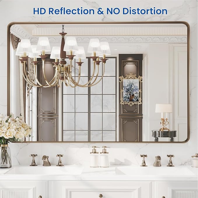 WEER 48x32 Inch Bronze Bathroom Mirror for Vanity, Brushed Bronze Metal Frame Mirror for Wall, Rounded Rectangle Bronze Frame Mirror with Tempered Glass, Anti-Rust (Horizontal/Vertical)
