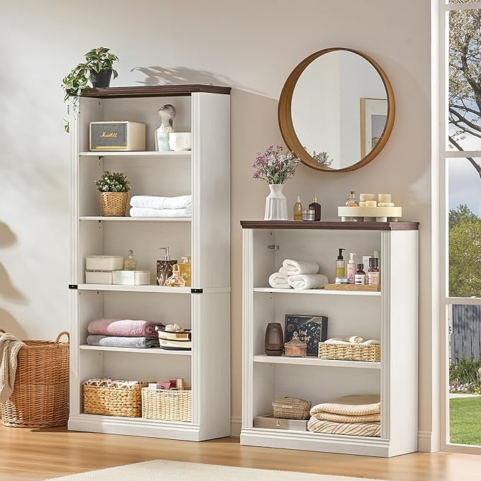 RWYHG 43" White Tall Bookshelf,3-Tier Thick Wooden Book Shelf with Adjustable Shelves,Free Standing Farmhouse Bookcase with Open Display Storage,Floor Vintage Bookshelves for Living Room,Office