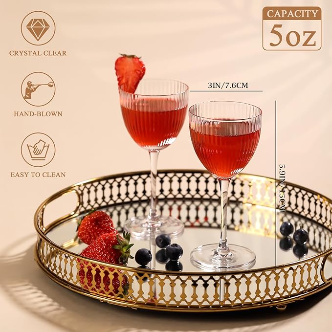 Physkoa Vintage Art Deco Nick and Nora Cocktail Glasses Set of 4 – 5 oz Crystal Ribbed Martini, Manhattan, Classic Coupe Glasses for Home Bar, Birthday Wedding Housewarming Valentine's Day Gifts