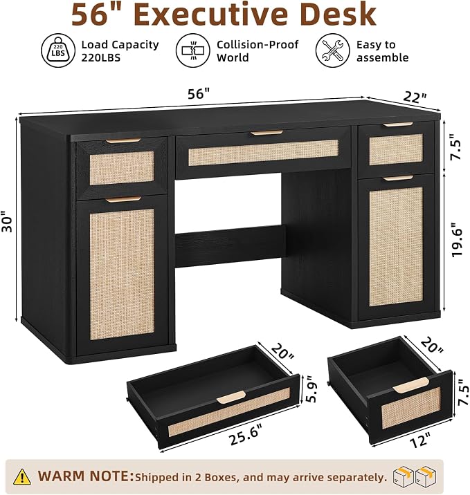 LEYAOYAO Office Desk 56" with 5 Drawers Storage File Cabinet Rattan Wood Desk for Computer Office Bedroom Home Furniture Black