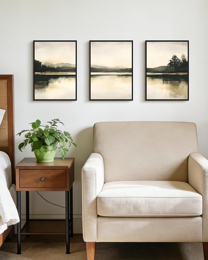 KUVIOKE Watercolor Abstract Mountain Lake Framed Wall Art Brown Landscape Nature Wilderness Painting Nordic Neutral Tan Illustration Decorative Home Decor 12x16in (Black Framed)