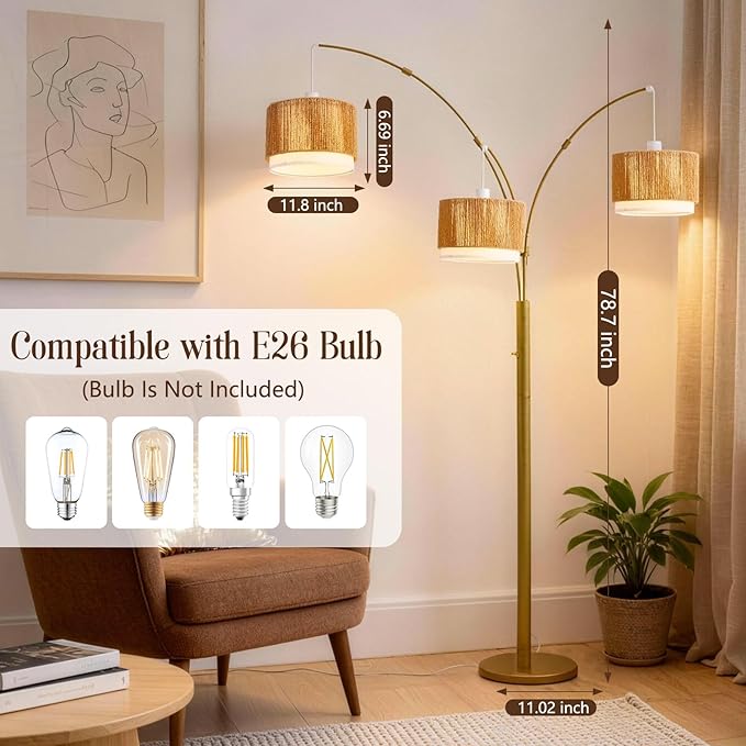 Gold Arc Floor Lamp for Living Room, Mid Century Floor Lamp with Stepless Dimmable Switch, Boho Standing Lamp with Wicker&Fabric Shade, Rattan Tall Lamp for Bedroom Over Couch Reading