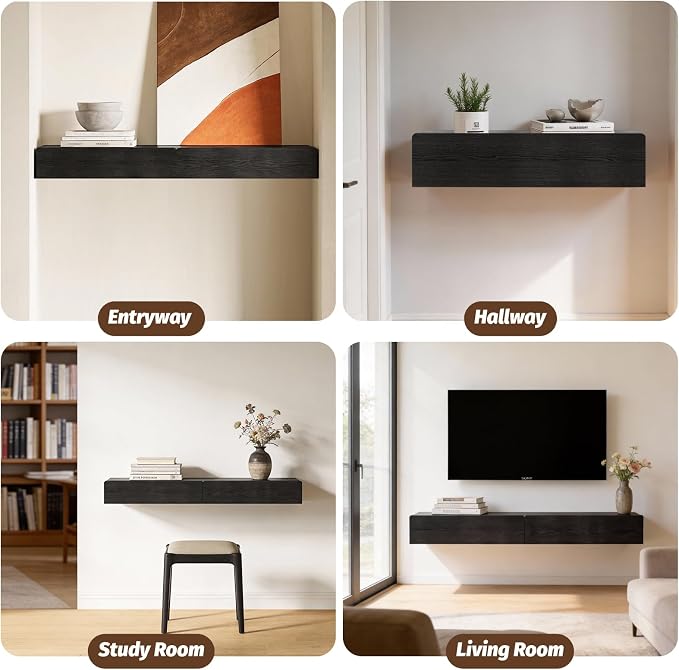 Floating Solid Wood Console Table, 47'' Wall Mounted Narrow Entryway Table with Storage Shelf, Modern Couch Shelves Small Entry Way Tables for Entryway, Front Hall, Hallway (Black, 47.24IN)