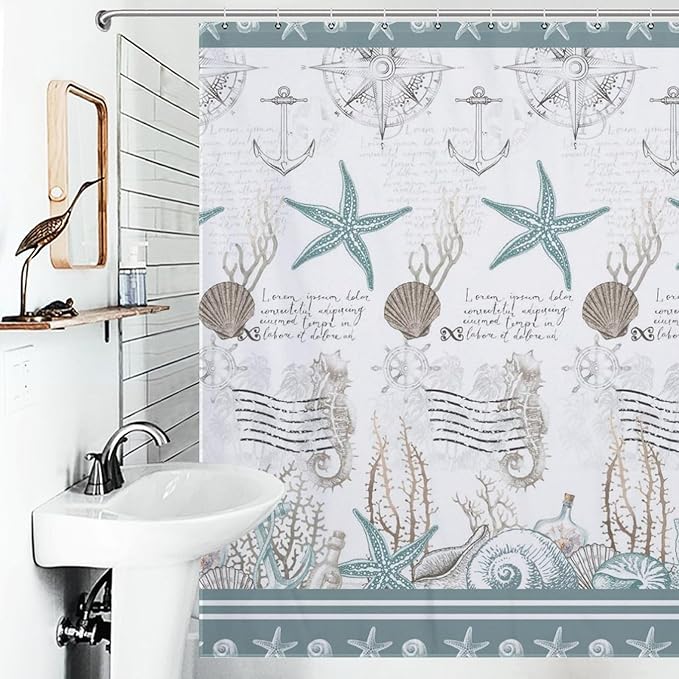 Green Nautical Shower Curtains,Summer Coral Starfish Seashell Ocean Beach Shower Curtains for Bathroom Waterproof Polyester Fabric Bathroom Curtain with Hooks,72x72Inch