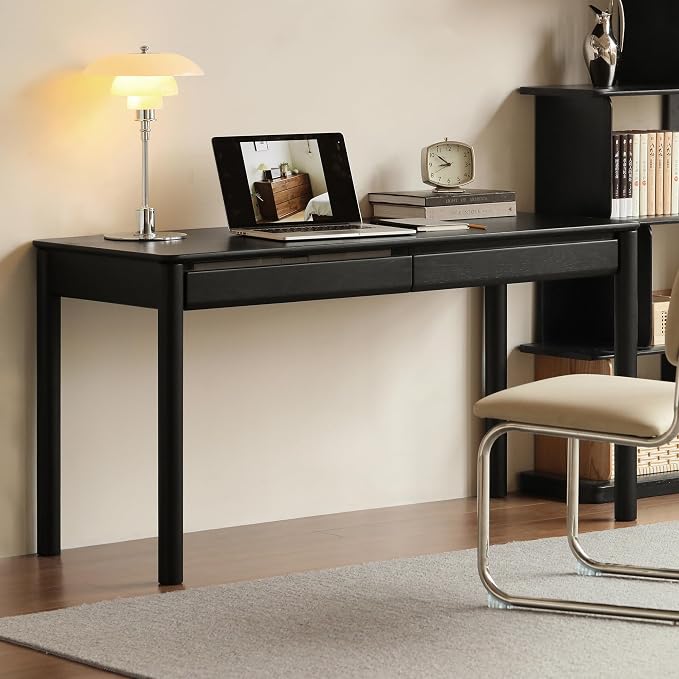Solid Oak Wood Writing Desk, Smoky Black Home Office Desk with 2 Drawers, Ideal for Work Study Bedroom 55.11" W