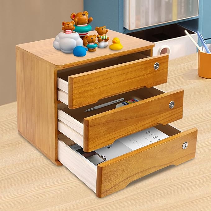 Desktop File Organizer with Lock, 2/3/4 Tier Multi-Drawer Wooden Storage Cabinet, Office Supply Organizer for Home Desk, Study & Workplace (Brown, 3 Layers)