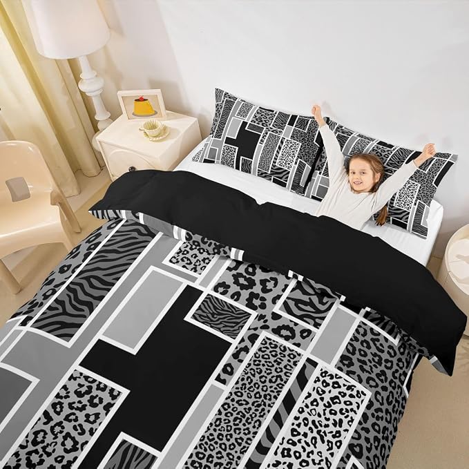 Erosebridal Leopard Print Toddler Duvet Cover Cheetah Zebra Skin Print Bedding Set Black Grey Animals Fur Rustic Comforter Cover for Kids Teen Adults,Geometric Square Patchwork Bed Set