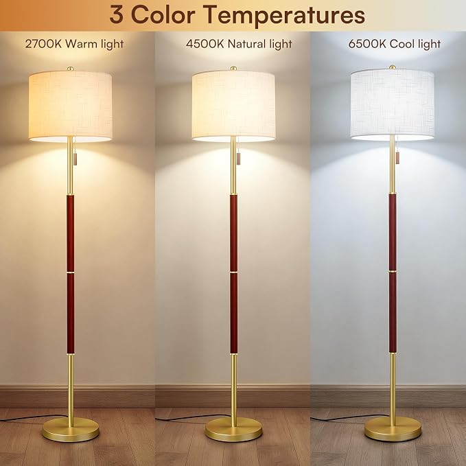 62" Mid Century Modern Floor Lamp,Burgundy Standing Lamp with 3-Color Temperature and Pull Chain, Weighted Anti-Tip Base for Safety, Floor Lamps for Living Room Bedroom Corner (6500K Bulb Included)