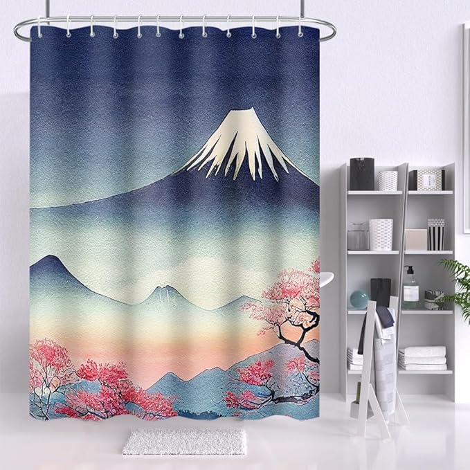 Mount Fuji Shower Curtain Japan Famous Landscape Cherry Flower Mountains Abstract Scenery Shower Curtains for Bathroom Accessories Waterproof Polyester Fabric with Hooks, 72 x 72 Inch