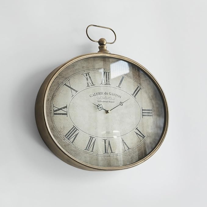 Large Decorative Wall Clock - 20 inch, Distressed Gold, Oval Pocket Watch Design, Roman Numerals, Battery Operated, Large Antique Style for Living Room, Kitchen, Bedroom Decor