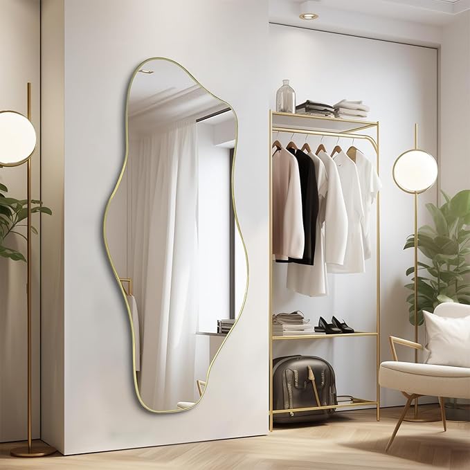 Large Irregular Frameless Mirror, 63"x30" Asymmetrical Full Length Mirror for Dressing, Gold Modern Abstract Tempered Glass Mirrors for Living Room Bathroom Bedroom Hallway Entryway