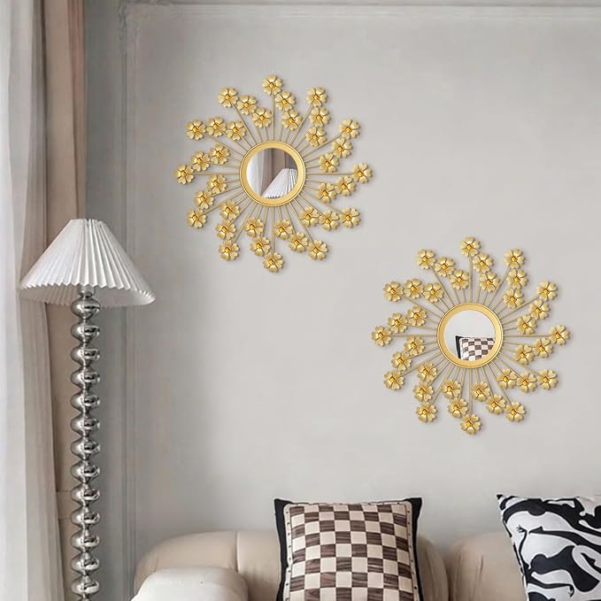 2 Pack Metal Mirrors for Wall Boho Sunburst Wall Mirror Home Decor Modern Decorative Wall Art for Bedroom Living Room Entryway