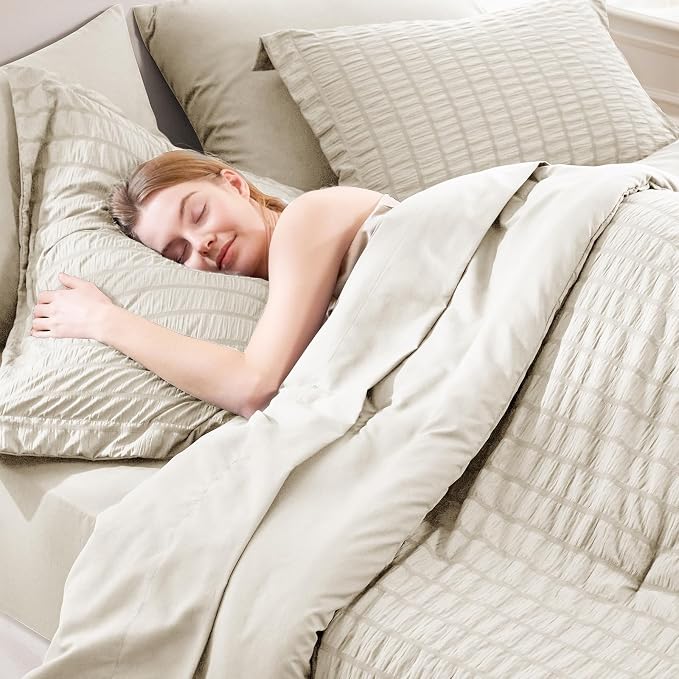CozyLux Oversized King Comforter Set with Sheets, 7 Pieces 120"x98" Oatmeal Seersucker Bed in a Bag, Luxury Soft Bedding Sets with Down Alternative Comforter, Sheets, Pillowcases & Shams, Home Gift