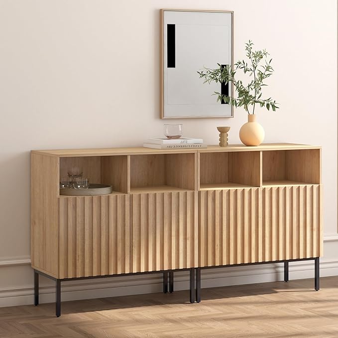 Set of 2 Oxford Fluted Storage Cabinet, Sideboard Buffet Credenza with Doors, Accent Console for Living Dining Room, Entryway