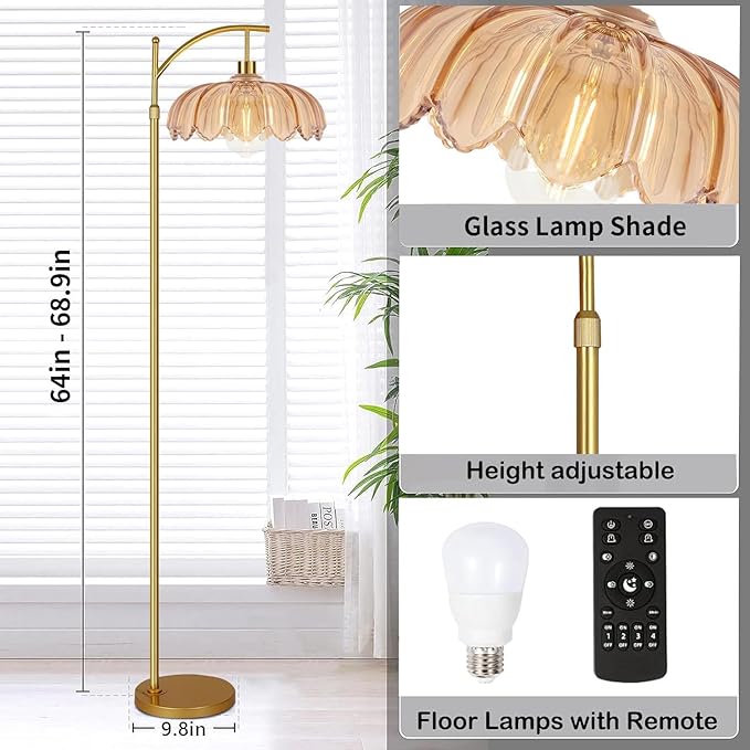 Gold Floor Lamp for Living Room,Bedroom,Mid Century Modern Standing Lamp with Remote,Dimmable Brass Tall Lamp Amber Glass Vintage Retro Arc Floor Lamps Flower Floor Light Boho Bohemian