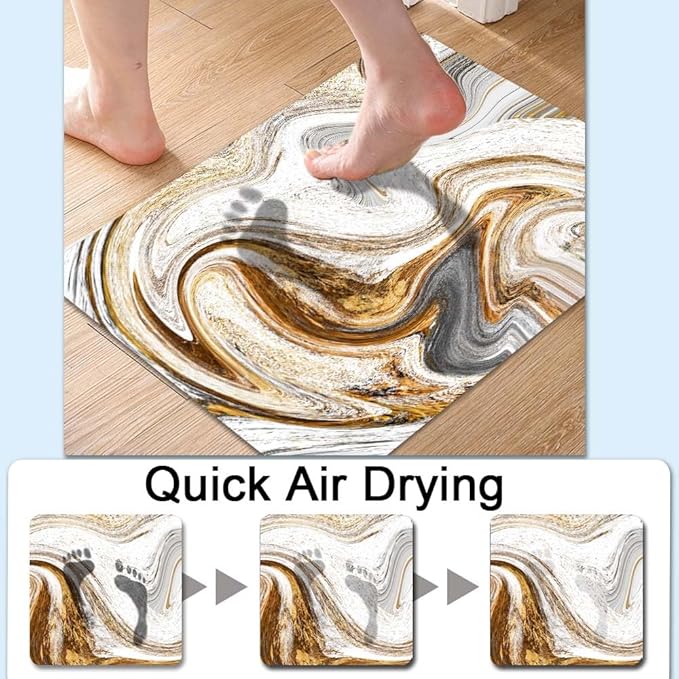Bath Mat Rug,White Grey Gold Marble Non Slip Quick Dry Super Absorbent Thin Bathroom Rugs Fit Under Door-Easy to Clean Bathroom Floor Mats-Shower Rug for Shower Sink Bathtub(17" x 27.5"in)