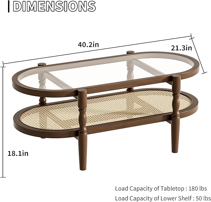 Rattan Coffee Table, Oval Cocktail Table with Glass Top and Solid Wood Frame, Boho Indoor & Outdoor Coffee Table, Walnut, 40 in