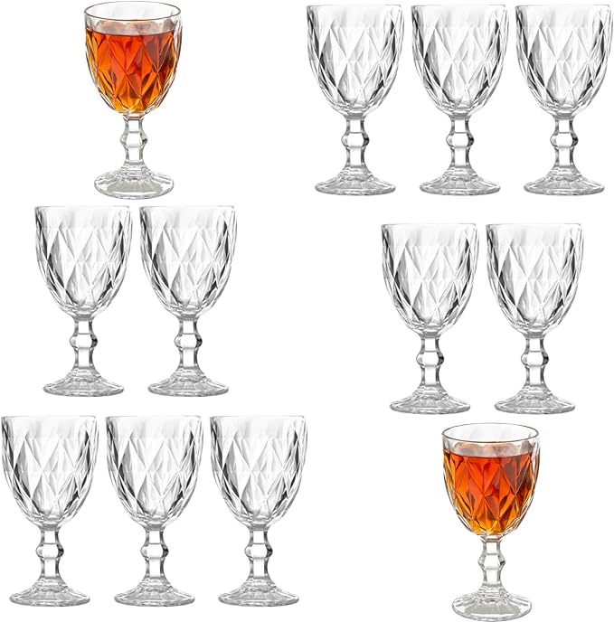 12 Pack Vintage Wine Glasses, Plastic Reusable 12 Ounce Colored Water Goblets, Unique Embossed Pattern Unbreakable Stemmed Wine Glasses High Clear Wedding Party Bar Drinking Cups Clear