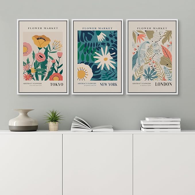 wall26 Framed Canvas Print Wall Art Set Colorful Flower Market Exhibition Prints Nature Wilderness Illustrations Modern Art Decorative Floral Botanical Minimal Calm for Bedroom - 24"x36"x3 White