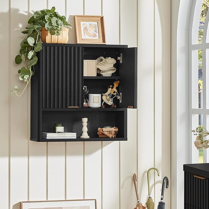 LEYAOYAO Fluted Bathroom Wall Cabinet, Wall-Mounted Medicine Cabinet with Adjustable Shelf & Doors, Farmhouse Floating Over The Toilet Storage Cabinets for Laundry Room, Kitchen, Living Room (Black)