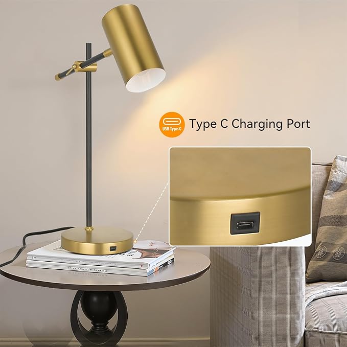 Modern Black and Gold Desk Lamp with Type C Charging Port, Minimalist Industrial Table Lamp with Swing Arm, for Study Room Home Office Bedroom Bedside Nightstand