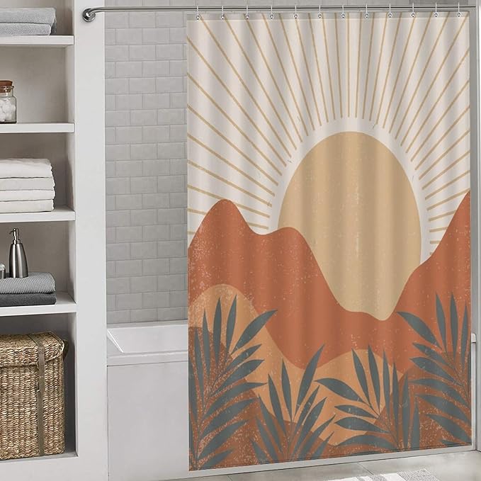 Mid Century Boho Sunset Shower Curtains Vintage Farmhouse Abstract Plant Mountain Sunset Washable Waterproof Fabric for Bathroom Decor Bathtub with 12 Hooks 55x72in（140x183cm）