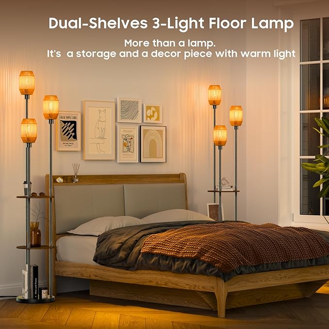 Floor Lamp with Shelves, Rustic Floor Lamp with Shades, 3 Light Standing Lamp with Table, 71" Tall Shelf Lamp with 3 Bulbs, Foot Switch, Corner Lamps for Living room, Bedroom (Black-Rattan)