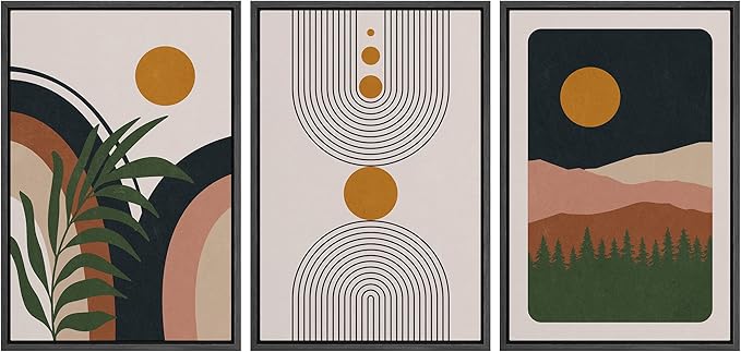 wall26 Framed Canvas Print Wall Art Set Boho Geometric Mid-Century Plant Planet Landscape Nature Abstract Illustrations Modern Bohemian Decorative for Living Room, Bedroom, Office - 16"x24"x3 Black
