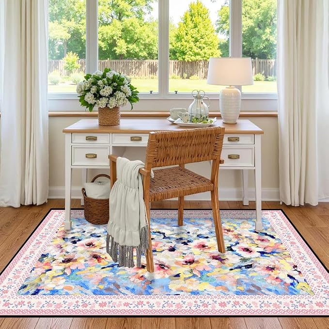 Floral Oil Painting Area Rug Watercolor Flower Print Rugs for Entryway Bedroom Living Room Nursery Kitchen Playroom Home Decor Washable Low Pile Floor Mat Carpet,5'x7'