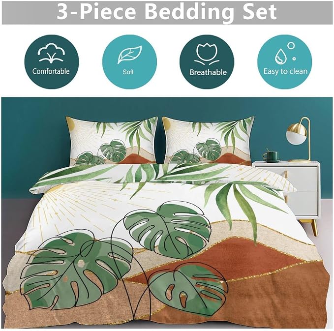Boho Sunrise Bedding Set,Mid Century Aesthetic Tropical Palm Leaves Abstract Minimalist Comforter Set with Pillowcase for Bedroom Bed Decor,Queen 90"x90"