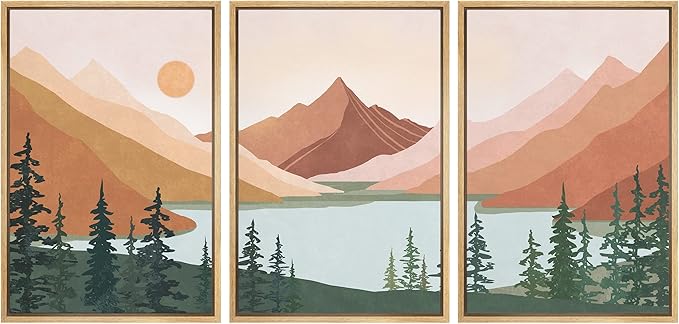 wall26 Framed Canvas Print Wall Art Set Geometric Mountain Forest Lake Abstract Nature Illustrations Modern Art Nordic Decorative Minimal Boho for Living Room, Bedroom, Office - 24"x36"x3 Natural