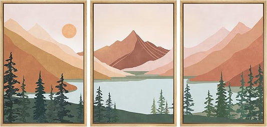 wall26 Framed Canvas Print Wall Art Set Geometric Mountain Forest Lake Abstract Nature Illustrations Modern Art Nordic Decorative Minimal Boho for Living Room, Bedroom, Office - 16"x24"x3 Natural