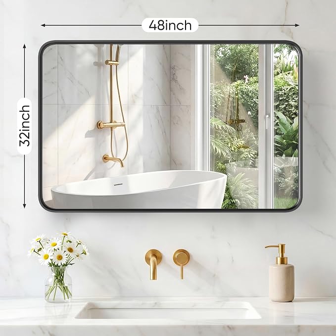 NEWBULIG 32X48 Inch Bathroom Mirror for Over Sink, Wall Vanity Mirrors Tempered Glass, Anti-Rust Metal Framed Rounded Rectangle, Hangs Horizontally or Vertically, Farmhouse Home Decor, Black