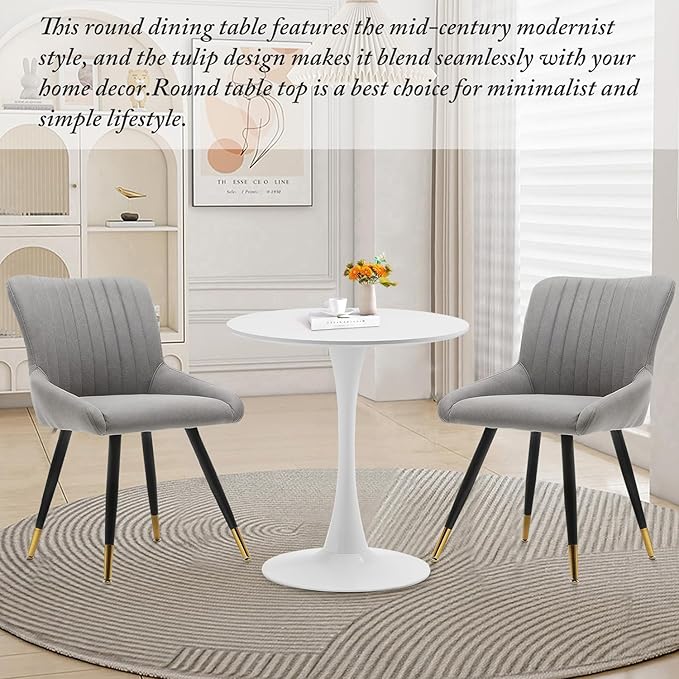 White Round Dining Table, 27.6" Tulip Table Kitchen Round Dining Table for 1-2 People with MDF Table Top and Metal Pedestal Base, Mid-Century Leisure Table for Home, Dining Room, Cafe