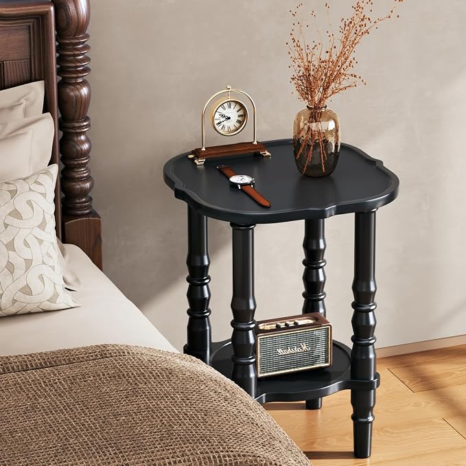 Solid Wood End Table Living Room - 21.7" H Small Narrow Square Wooden End Table for Small Spaces, Dark Real Black Solid Wood Vintage Antique Side Bedside Table Nightstand with 2-Tier Storage