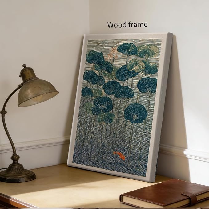 Wrapped Framed Lotus And Koi Canvas Poster Japanese Floral Botanical Pond Wall Art Retro Oriental Asian Prints Decor for Bedroom Zen Meditation Room Home 08x10 inch