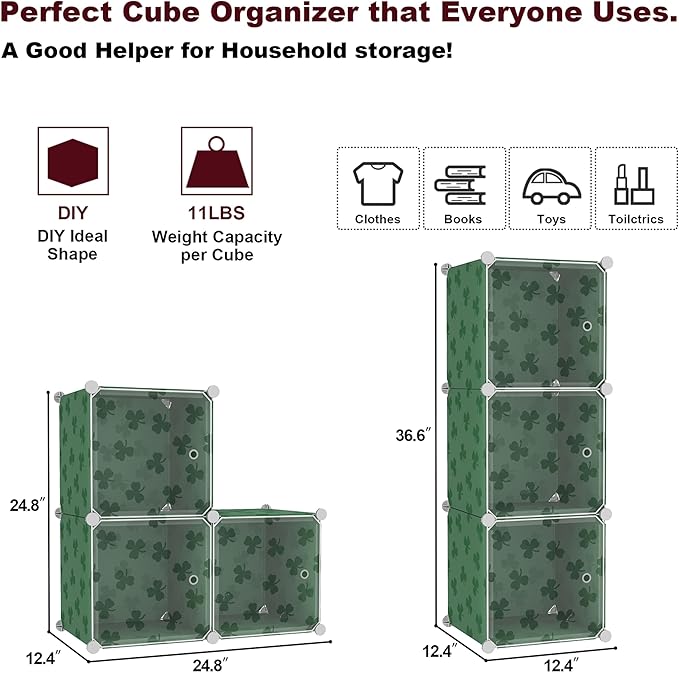 C&AHOME Cube Storage Organizer with Doors, 3-Cube Shelves, DIY Plastic Modular Bookshelf, Closet Clothes Storage Shelving Ideal for Bedroom, Living Room, Clover Embossed, Green
