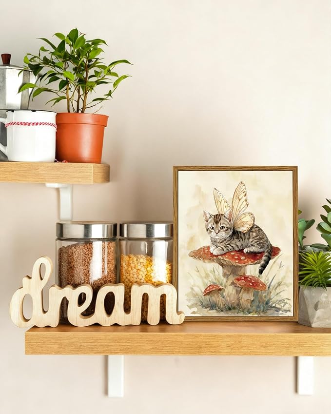 InSimSea Vintage Framed Wall Art Fairy Cat Canvas Prints, Nature Home Decor, Fantasy Themed Decor Painting Picture, Living Room,Bedroom Wall Decor Gifts for Friends or Family - 10L x 8W
