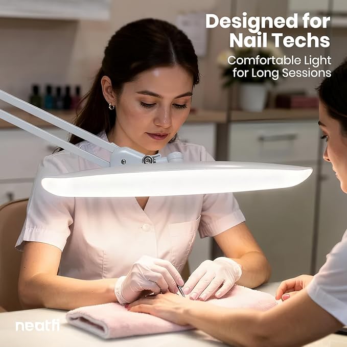 Neatfi XL Nail Desk Lamp with Clamp, 2200 Lumens, 20-Inch Wide Head, Dimmable 4 Levels, 6500K, LED Task Light for Manicure Table, Crafts, Workbench, Office (Non-CCT, White)