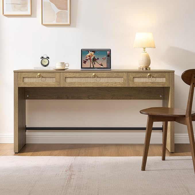 SICOTAS 60" Rattan Computer Desk Writing Table with Storage: Long Home Office Desk with 3 Drawers, Farmhouse Executive Desk Console Table Living Room, Office (Carbon Cherry, 2 Pieces)