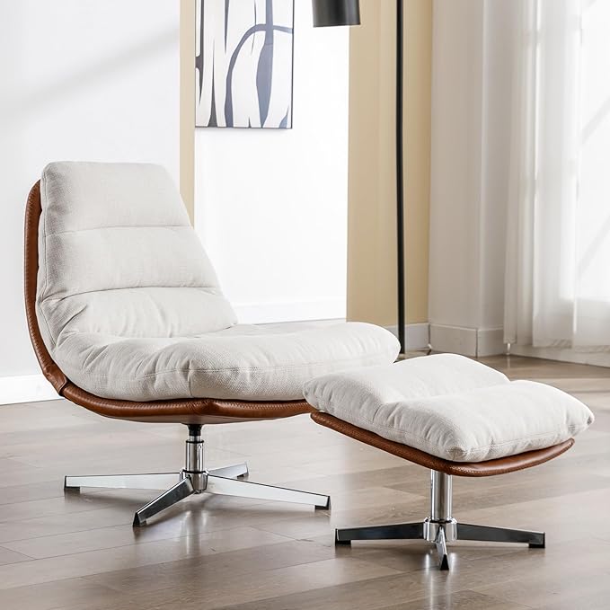 Swivel Accent Chair with Ottoman, Mid Century Modern Linen Lounge Chair with footrest, Comfy Oversized Armchair with 360 Degree Metal Base for Living Room/Bedroom, Cream