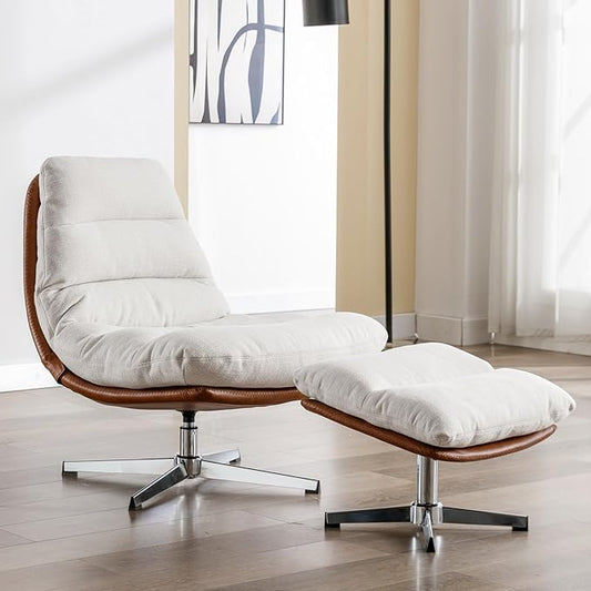 Swivel Accent Chair with Ottoman, Mid Century Modern Linen Lounge Chair with footrest, Comfy Oversized Armchair with 360 Degree Metal Base for Living Room/Bedroom, Cream