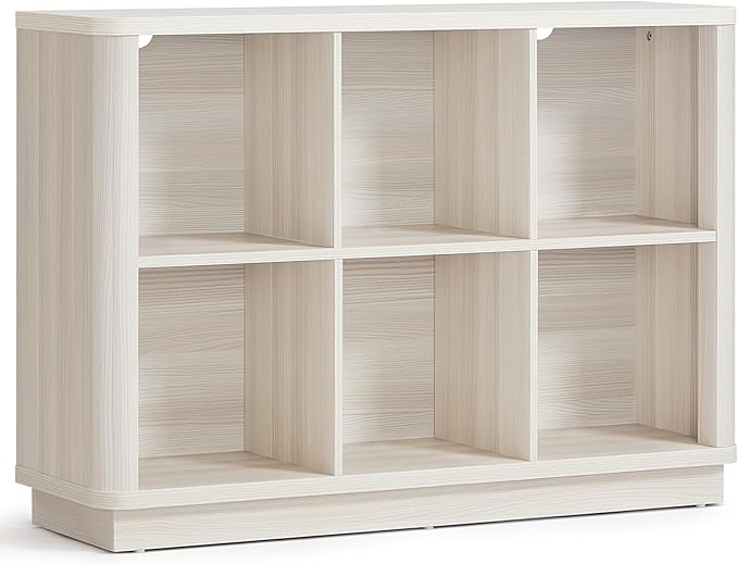 Joaxswe 6 Cube Bookcase, 40" Wide Horizontal 2-Tier Book Shelf w/Curved Edge, Wood Low Floor Standing Bookshelf with Base, Modern Short Storage Organizer for Living Room,Office, Gray-White Cream Oak